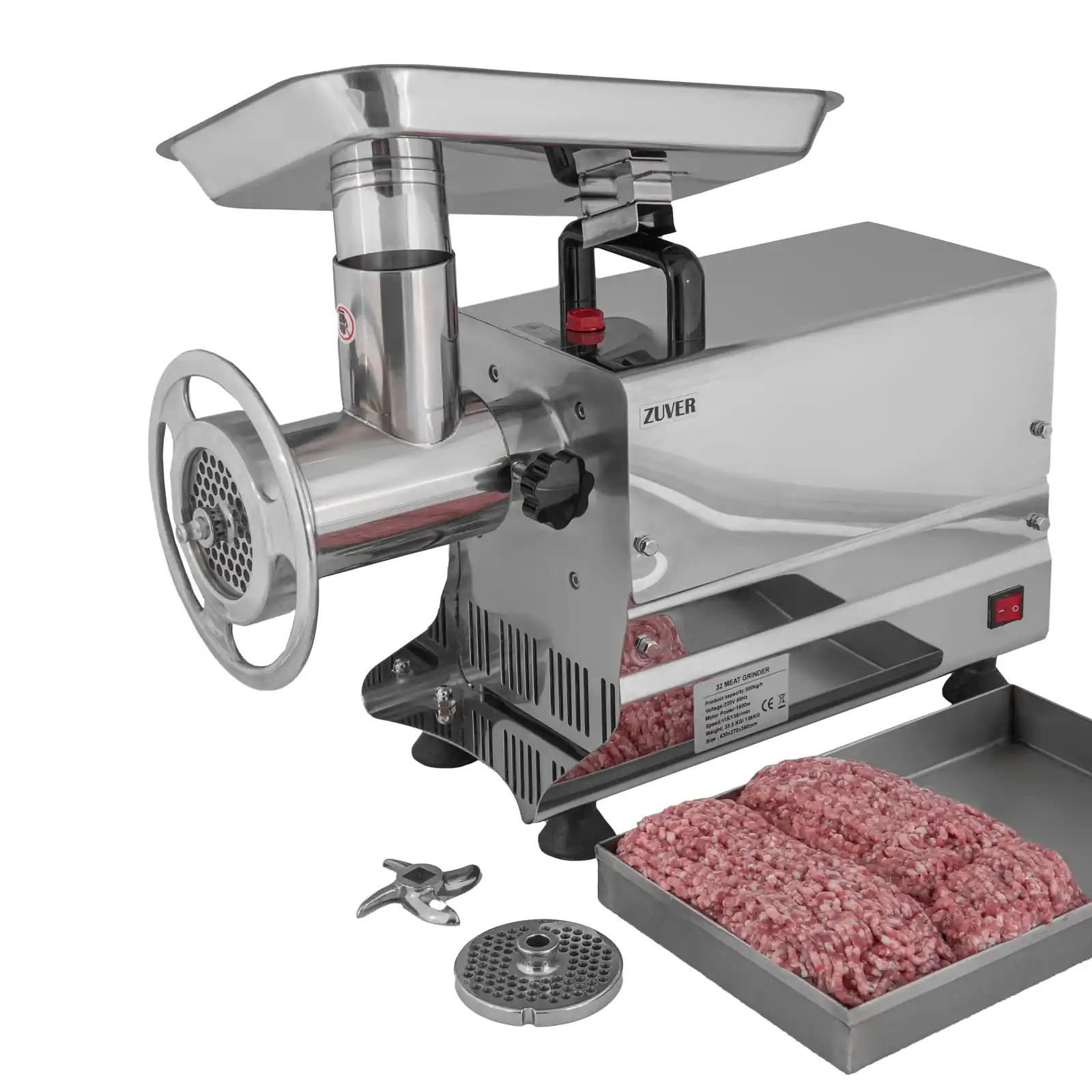М'ясорубка промислова ZUVER 32 Grinder LUXURY 1500W Reverse мотор мідний, горловина з нержавіючої сталі, реверс постійний