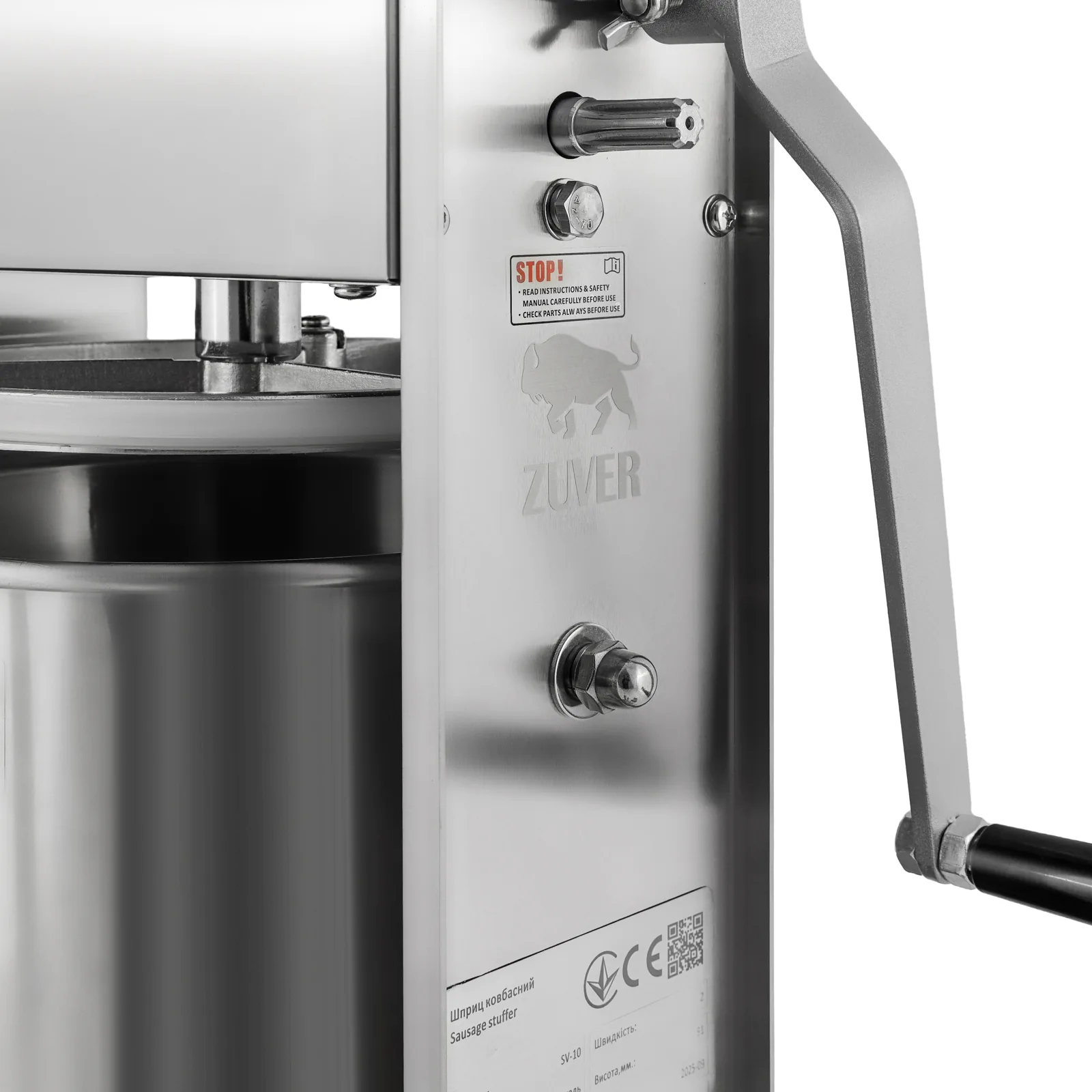 Шприц ковбасний ZUVER Stuffer Vertical 10 (SV-10) корпус нержавіюча сталь S/S201 (преміальна марка), міцні шестерні, 2 швидкості, 5 насадок, 2 ущільнювальні кільця 