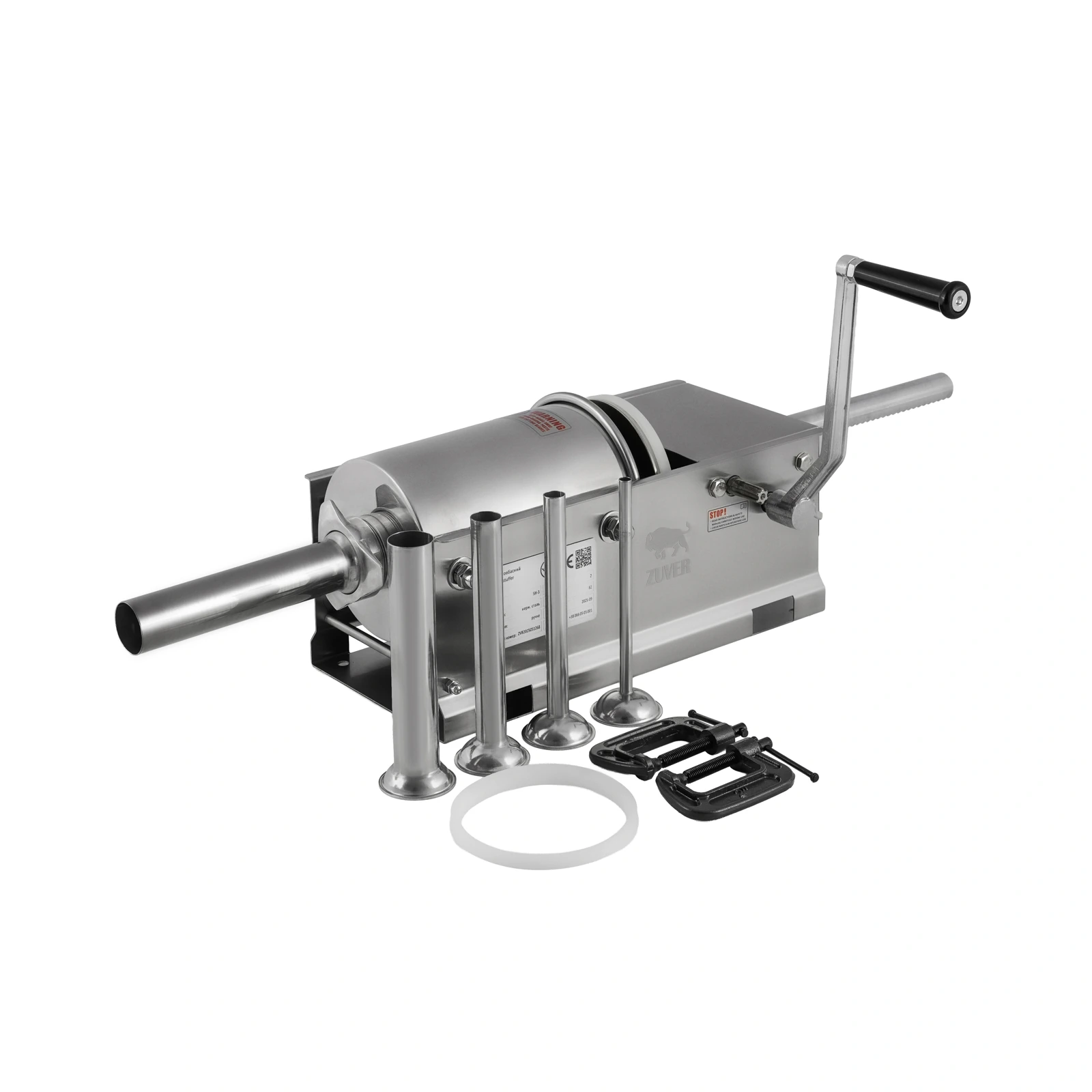 Шприц ковбасний ZUVER Stuffer Horizontal 3 (SH-3) корпус нержавіюча сталь S/S201 (преміальна марка), міцні шестерні, 2 швидкості, 5 насадок, 2 ущільнювальні кільця