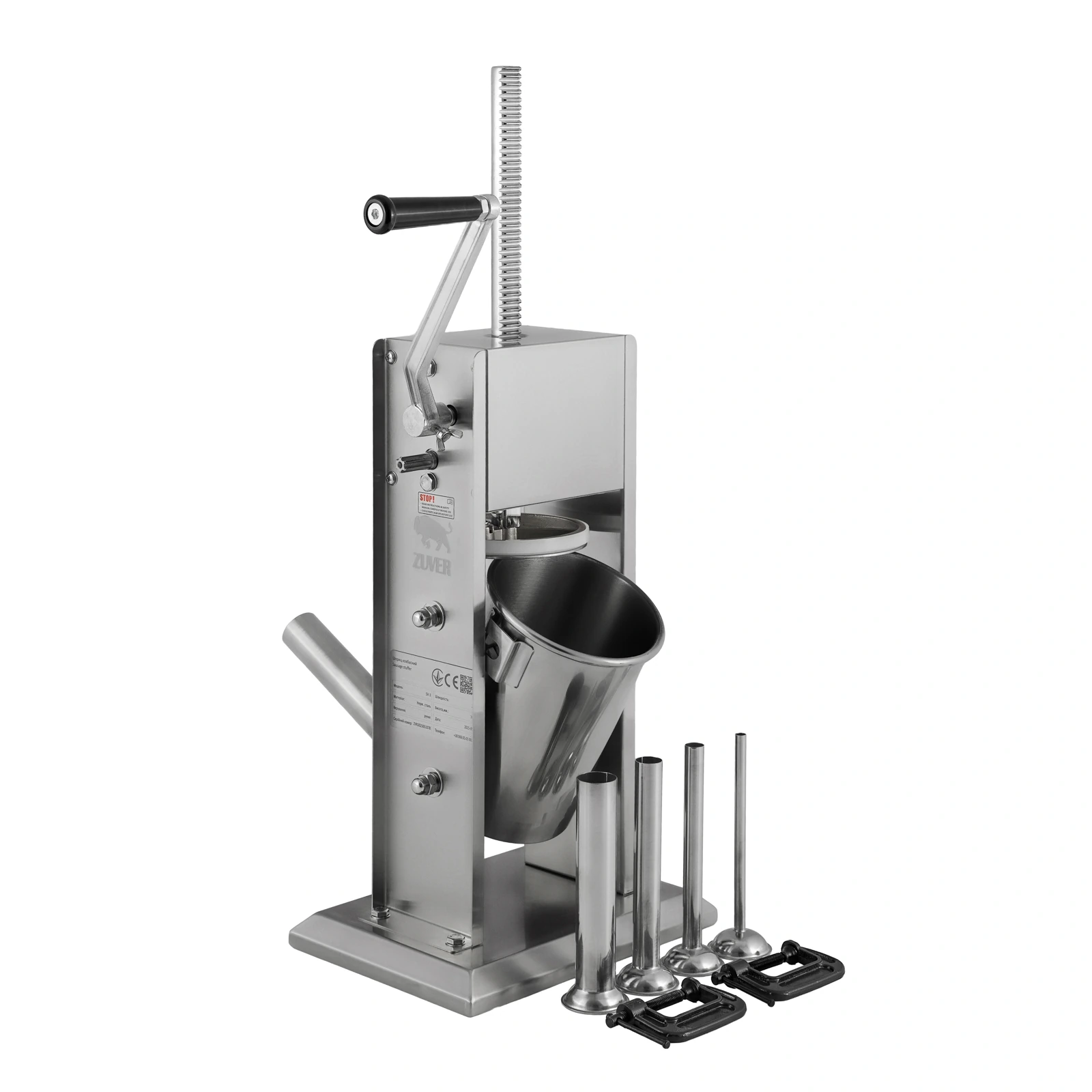 Шприц ковбасний ZUVER Stuffer Vertical 3 (SV-3) корпус нержавіюча сталь S/S201 (преміальна марка), міцні шестерні, 2 швидкості, 5 насадок, 2 ущільнювальні кільця