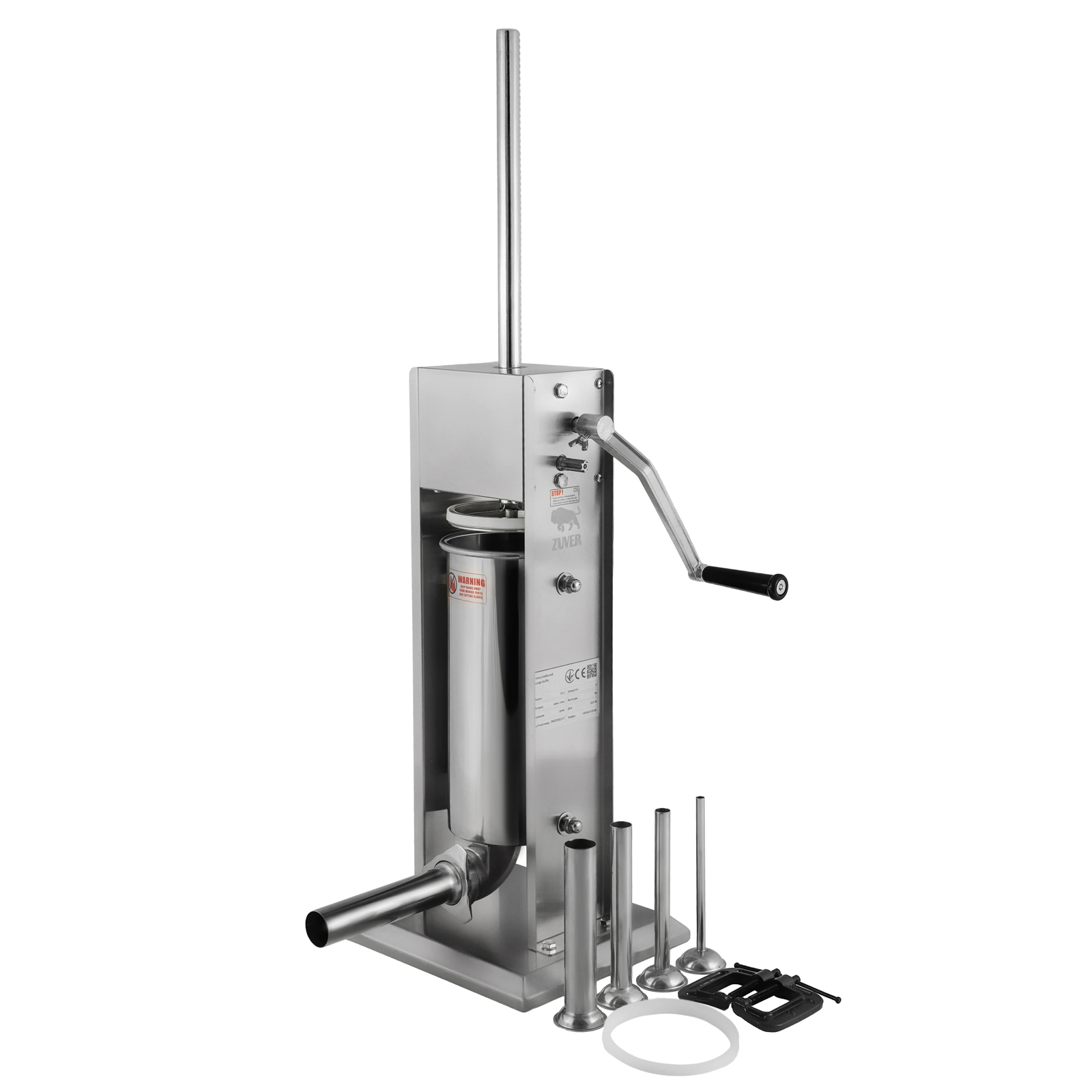 Шприц ковбасний ZUVER Stuffer Vertical 5 (SV-5) корпус нержавіюча сталь S/S201 (преміальна марка), міцні шестерні, 2 швидкості, 5 насадок, 2 ущільнювальні кільця